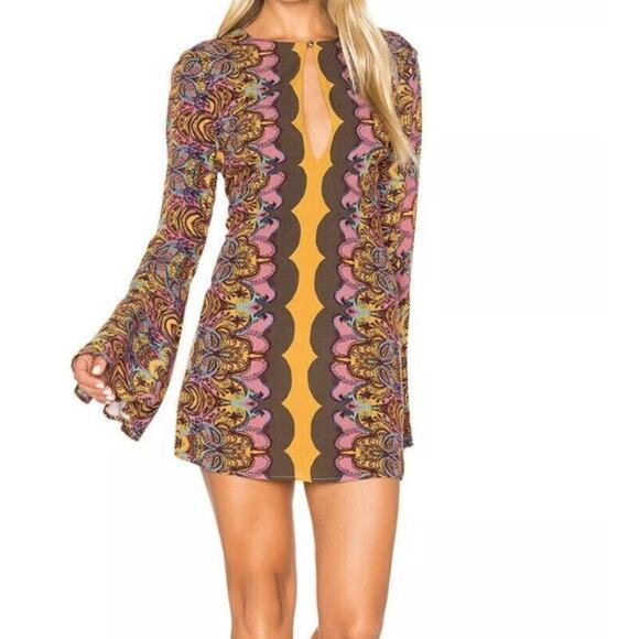 FREE PEOPLE Sz 6 Gold/Brown OSSIE VIBES Bell Sleeve Tunic Mini Dress NWT $128 - Picture 8 of 10